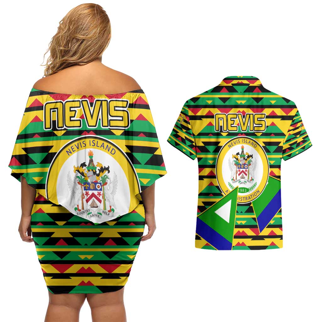 Nevis in Saint Kitts and Nevis Couples Matching Off Shoulder Short Dress and Hawaiian Shirt Geometric Pattern and Coat of Arms - Wonder Print Shop