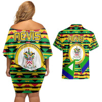 Nevis in Saint Kitts and Nevis Couples Matching Off Shoulder Short Dress and Hawaiian Shirt Geometric Pattern and Coat of Arms - Wonder Print Shop