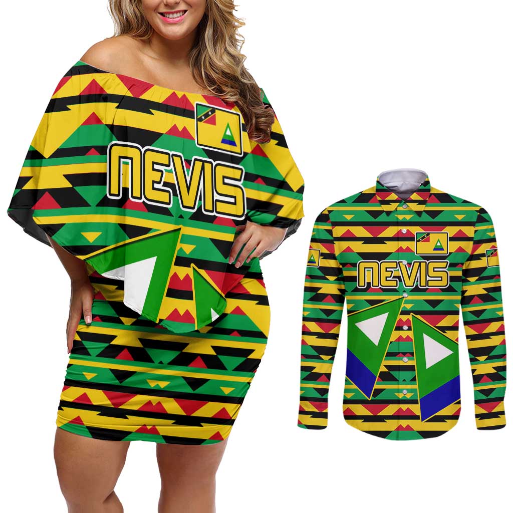 Nevis in Saint Kitts and Nevis Couples Matching Off Shoulder Short Dress and Long Sleeve Button Shirt Geometric Pattern and Coat of Arms - Wonder Print Shop