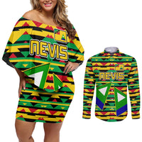 Nevis in Saint Kitts and Nevis Couples Matching Off Shoulder Short Dress and Long Sleeve Button Shirt Geometric Pattern and Coat of Arms - Wonder Print Shop