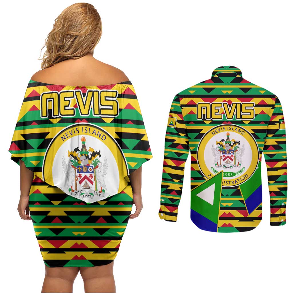 Nevis in Saint Kitts and Nevis Couples Matching Off Shoulder Short Dress and Long Sleeve Button Shirt Geometric Pattern and Coat of Arms - Wonder Print Shop