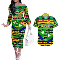 Nevis in Saint Kitts and Nevis Couples Matching Off The Shoulder Long Sleeve Dress and Hawaiian Shirt Geometric Pattern and Coat of Arms - Wonder Print Shop