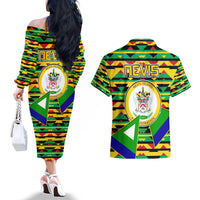 Nevis in Saint Kitts and Nevis Couples Matching Off The Shoulder Long Sleeve Dress and Hawaiian Shirt Geometric Pattern and Coat of Arms - Wonder Print Shop