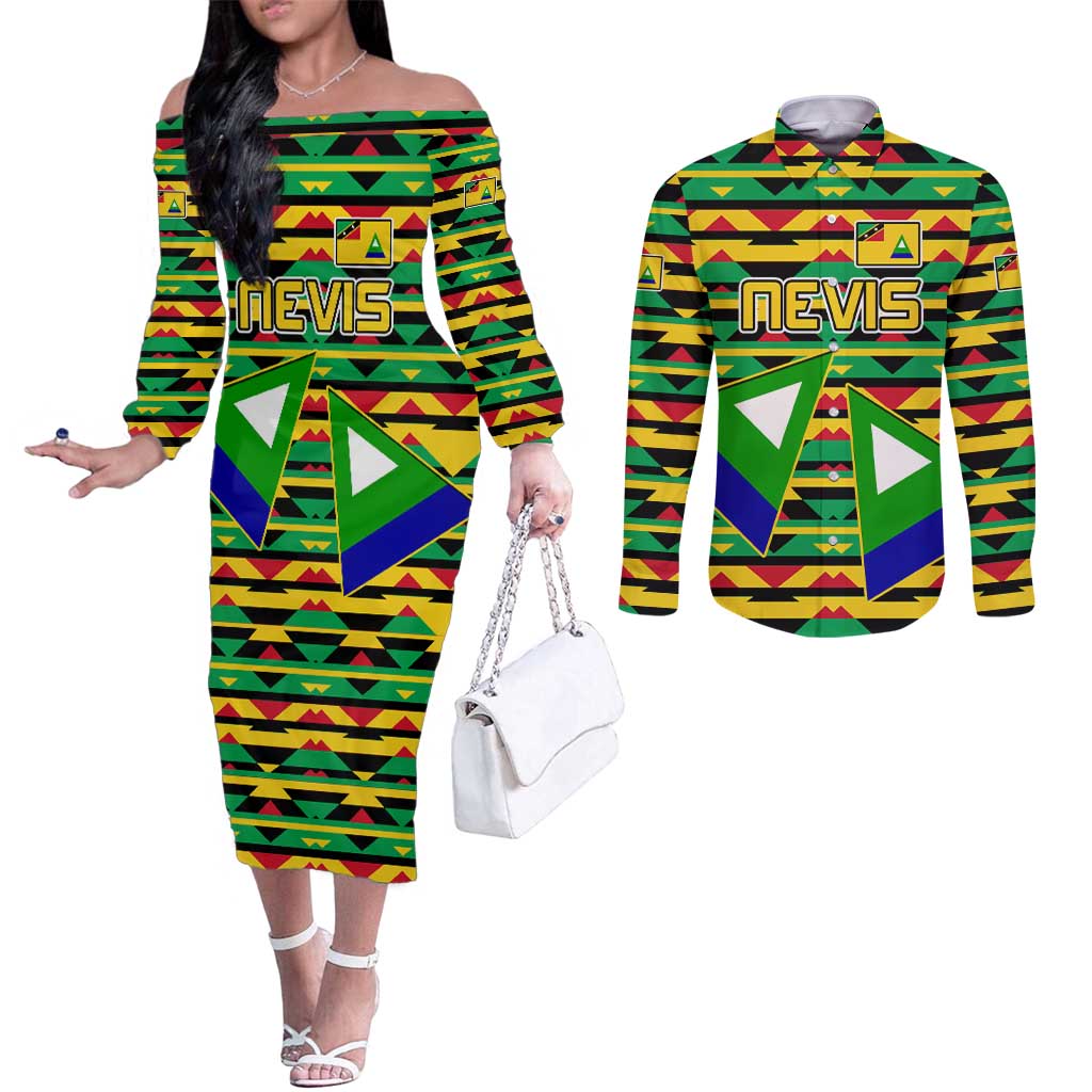Nevis in Saint Kitts and Nevis Couples Matching Off The Shoulder Long Sleeve Dress and Long Sleeve Button Shirt Geometric Pattern and Coat of Arms - Wonder Print Shop