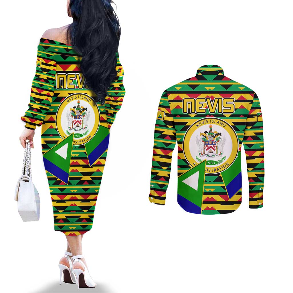 Nevis in Saint Kitts and Nevis Couples Matching Off The Shoulder Long Sleeve Dress and Long Sleeve Button Shirt Geometric Pattern and Coat of Arms - Wonder Print Shop