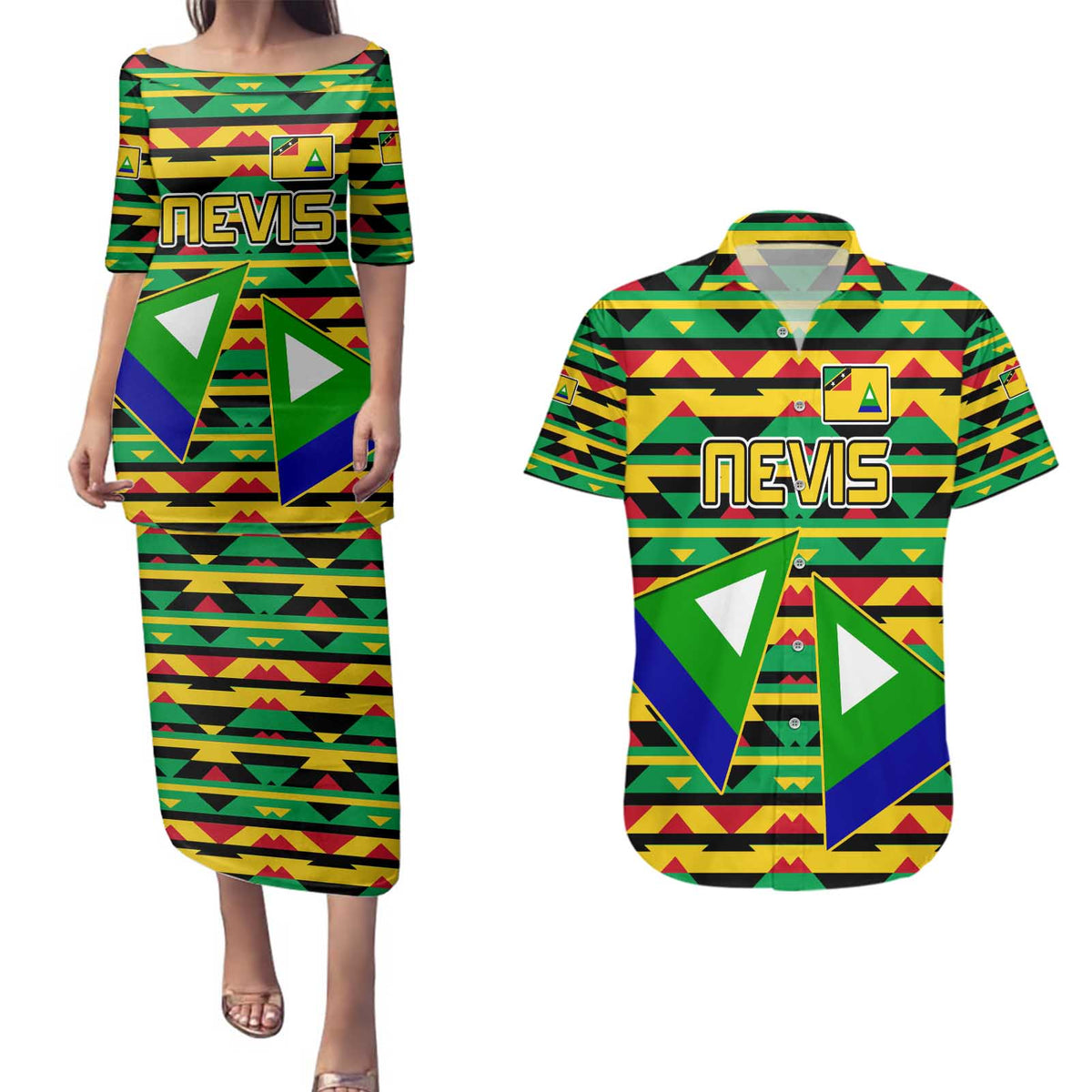 Nevis in Saint Kitts and Nevis Couples Matching Puletasi and Hawaiian Shirt Geometric Pattern and Coat of Arms - Wonder Print Shop