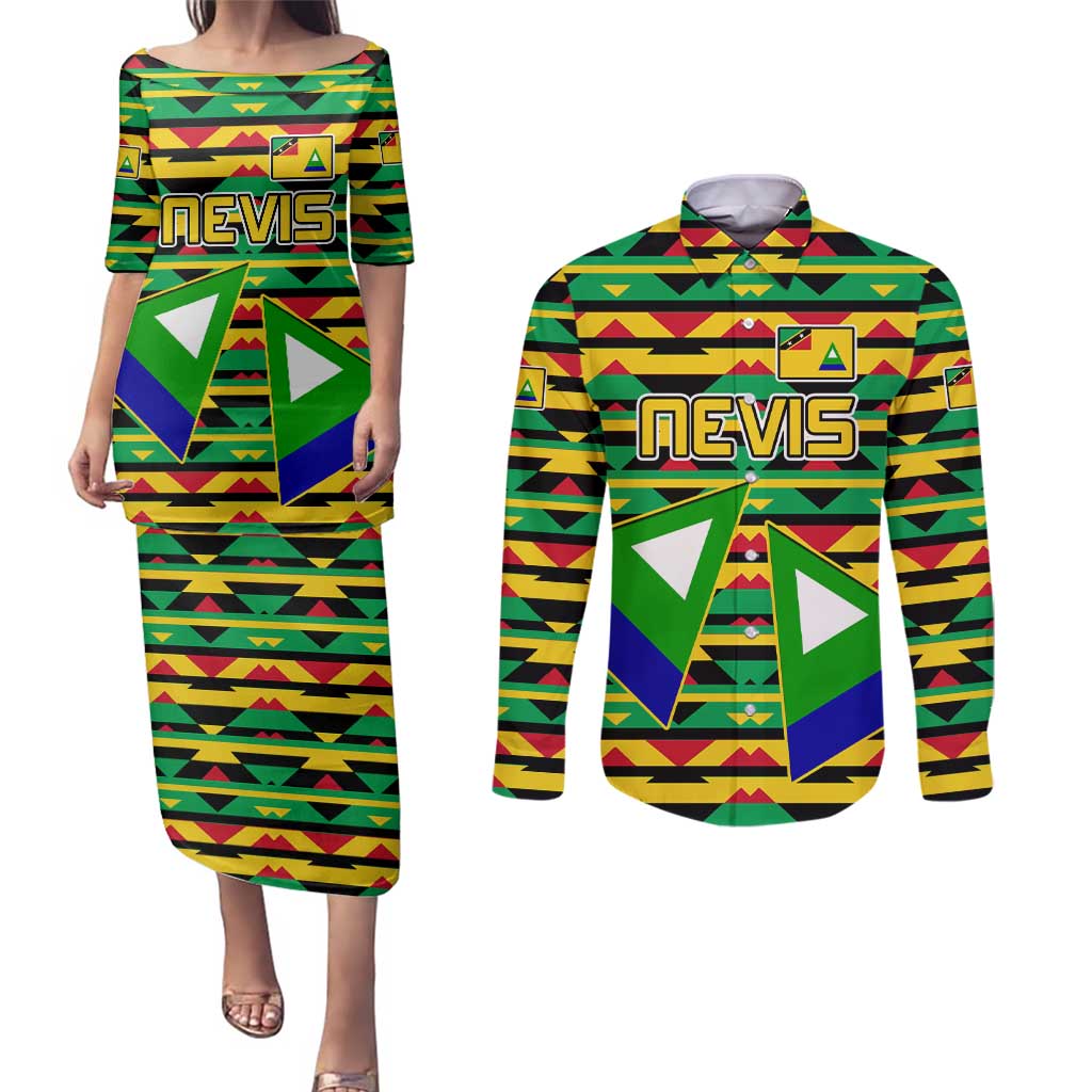 Nevis in Saint Kitts and Nevis Couples Matching Puletasi and Long Sleeve Button Shirt Geometric Pattern and Coat of Arms - Wonder Print Shop