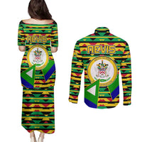 Nevis in Saint Kitts and Nevis Couples Matching Puletasi and Long Sleeve Button Shirt Geometric Pattern and Coat of Arms - Wonder Print Shop