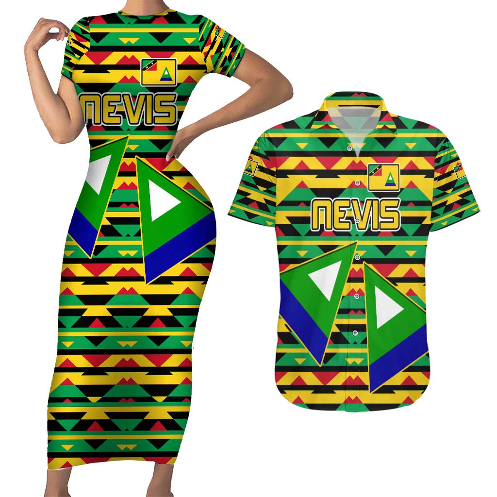 Nevis in Saint Kitts and Nevis Couples Matching Short Sleeve Bodycon Dress and Hawaiian Shirt Geometric Pattern and Coat of Arms - Wonder Print Shop