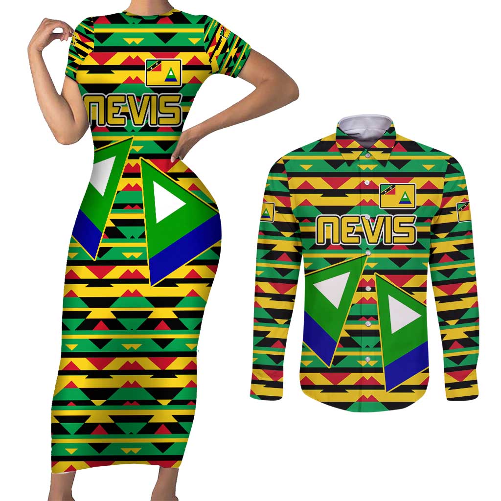 Nevis in Saint Kitts and Nevis Couples Matching Short Sleeve Bodycon Dress and Long Sleeve Button Shirt Geometric Pattern and Coat of Arms - Wonder Print Shop
