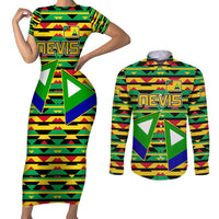 Nevis in Saint Kitts and Nevis Couples Matching Short Sleeve Bodycon Dress and Long Sleeve Button Shirt Geometric Pattern and Coat of Arms - Wonder Print Shop