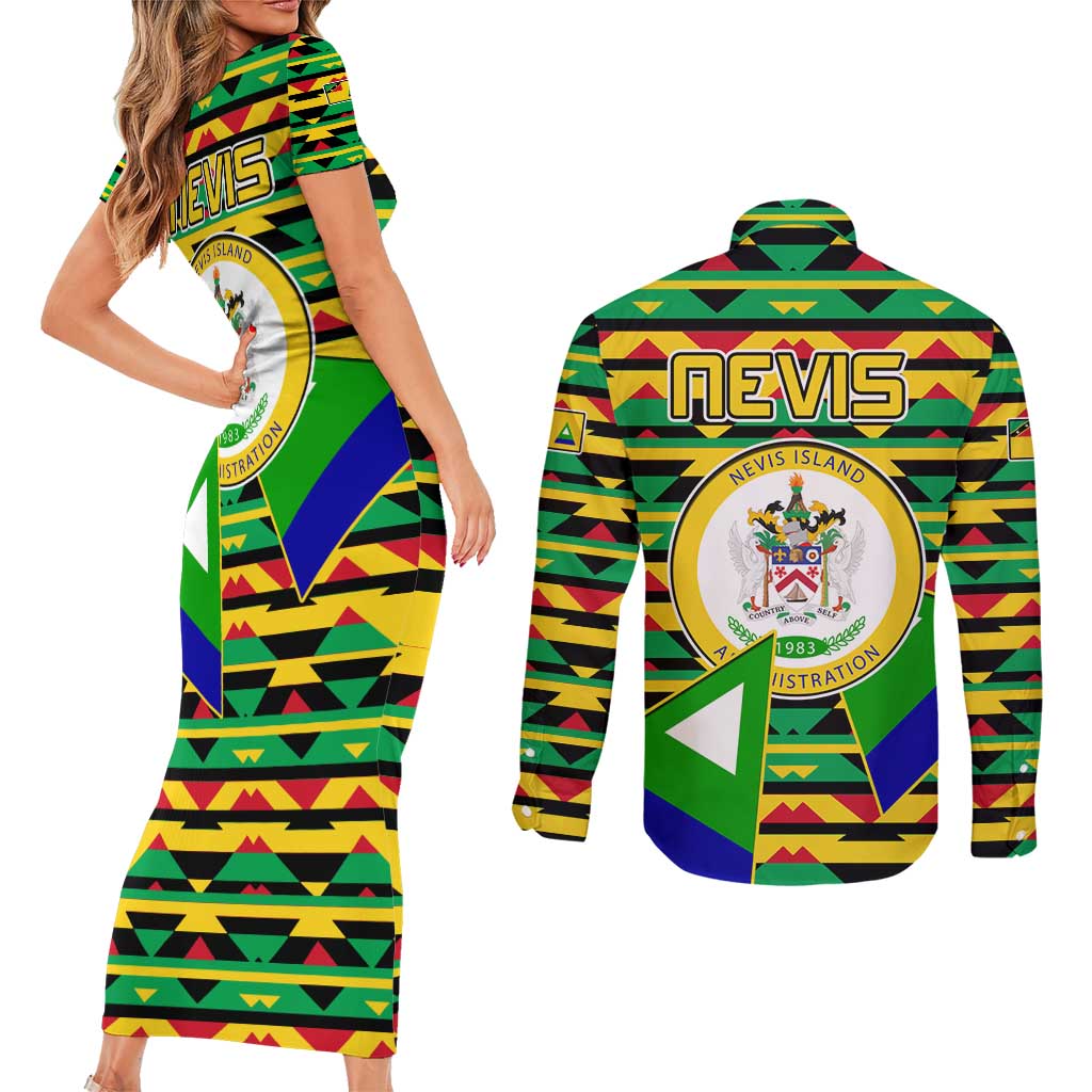 Nevis in Saint Kitts and Nevis Couples Matching Short Sleeve Bodycon Dress and Long Sleeve Button Shirt Geometric Pattern and Coat of Arms - Wonder Print Shop