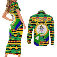 Nevis in Saint Kitts and Nevis Couples Matching Short Sleeve Bodycon Dress and Long Sleeve Button Shirt Geometric Pattern and Coat of Arms - Wonder Print Shop