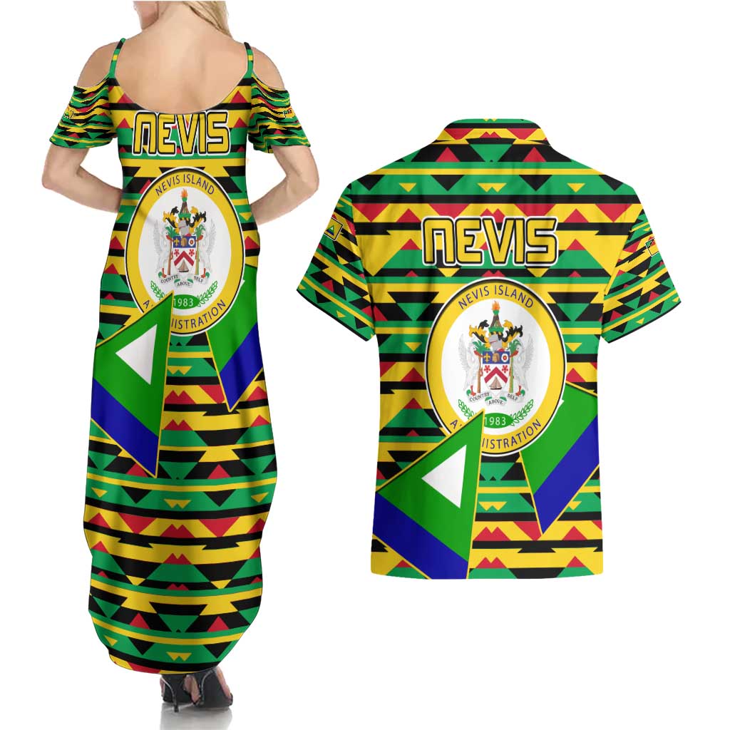 Nevis in Saint Kitts and Nevis Couples Matching Summer Maxi Dress and Hawaiian Shirt Geometric Pattern and Coat of Arms - Wonder Print Shop