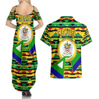 Nevis in Saint Kitts and Nevis Couples Matching Summer Maxi Dress and Hawaiian Shirt Geometric Pattern and Coat of Arms - Wonder Print Shop