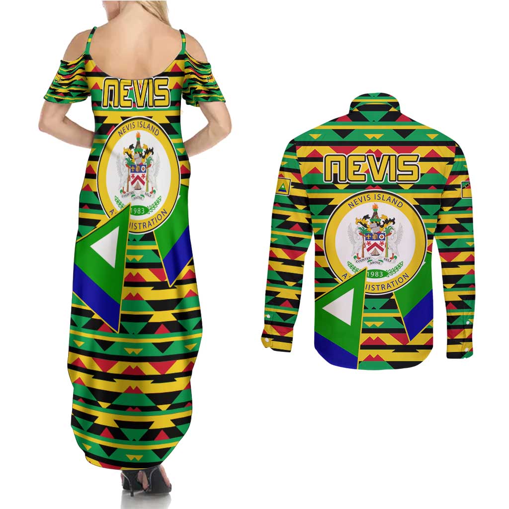 Nevis in Saint Kitts and Nevis Couples Matching Summer Maxi Dress and Long Sleeve Button Shirt Geometric Pattern and Coat of Arms - Wonder Print Shop