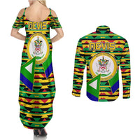 Nevis in Saint Kitts and Nevis Couples Matching Summer Maxi Dress and Long Sleeve Button Shirt Geometric Pattern and Coat of Arms - Wonder Print Shop