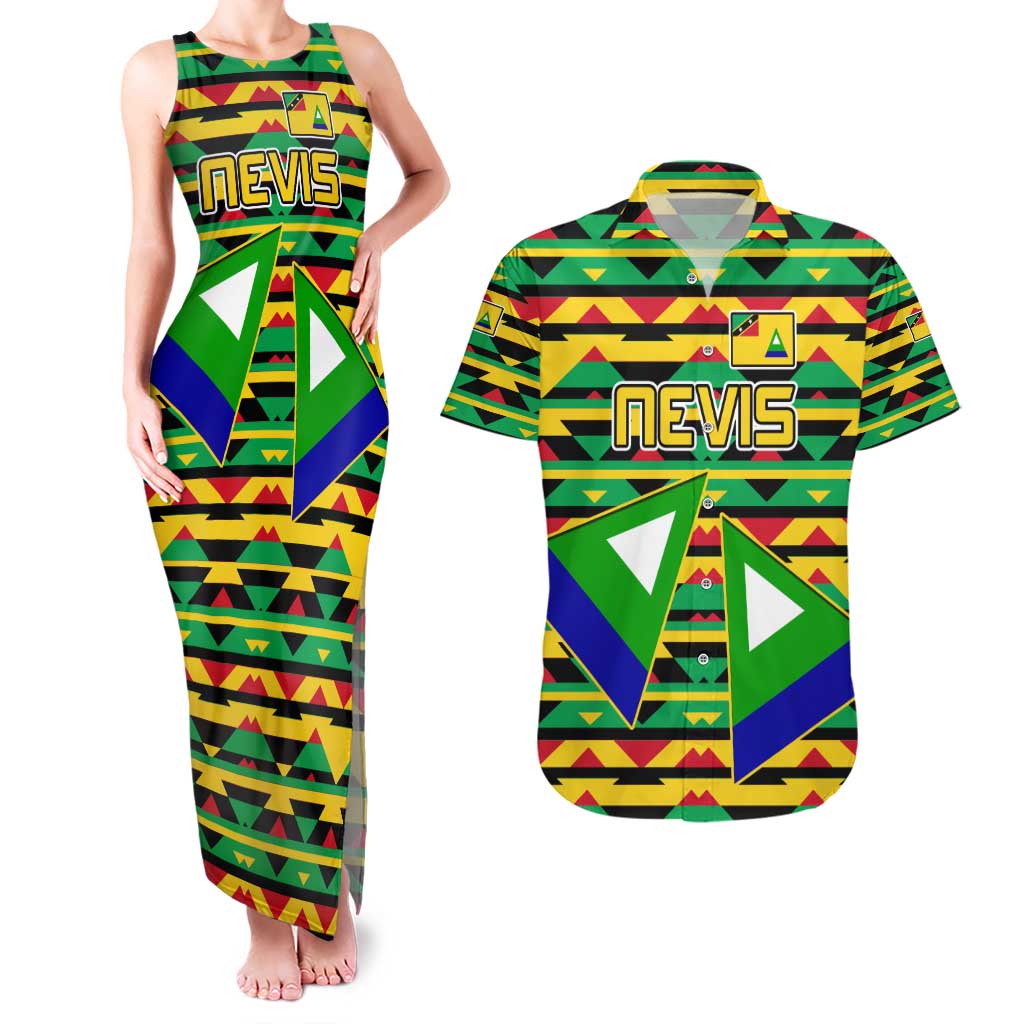 Nevis in Saint Kitts and Nevis Couples Matching Tank Maxi Dress and Hawaiian Shirt Geometric Pattern and Coat of Arms - Wonder Print Shop