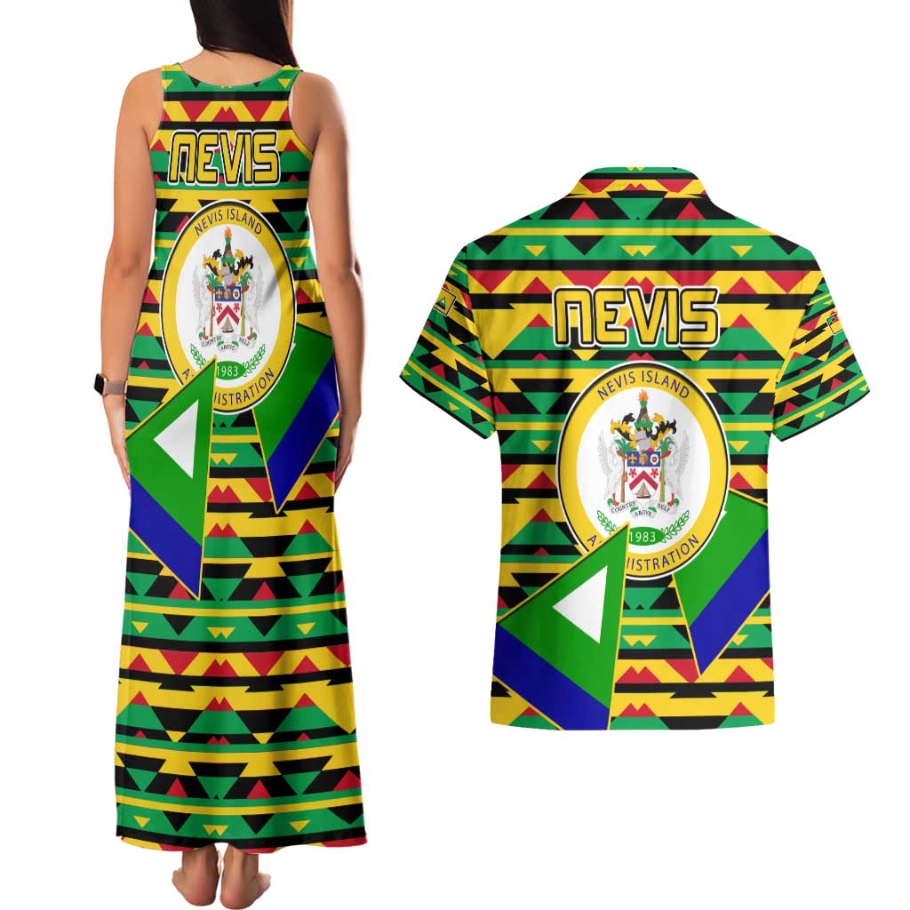 Nevis in Saint Kitts and Nevis Couples Matching Tank Maxi Dress and Hawaiian Shirt Geometric Pattern and Coat of Arms - Wonder Print Shop