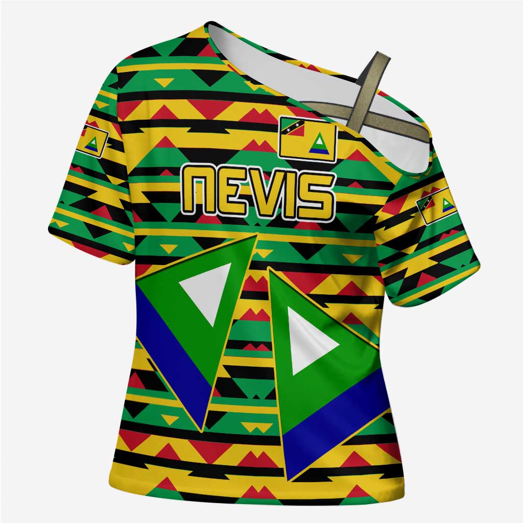 Nevis in Saint Kitts and Nevis Cross Shoulder Shirt Geometric Pattern and Coat of Arms - Wonder Print Shop