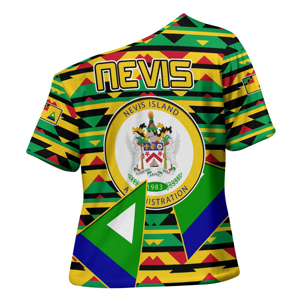 Nevis in Saint Kitts and Nevis Cross Shoulder Shirt Geometric Pattern and Coat of Arms - Wonder Print Shop