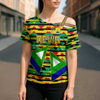 Nevis in Saint Kitts and Nevis Cross Shoulder Shirt Geometric Pattern and Coat of Arms - Wonder Print Shop