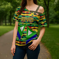 Nevis in Saint Kitts and Nevis Cross Shoulder Shirt Geometric Pattern and Coat of Arms - Wonder Print Shop