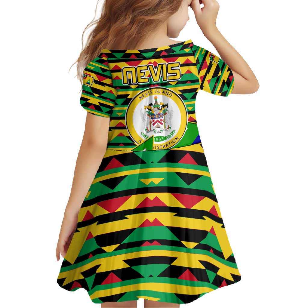 Nevis in Saint Kitts and Nevis Family Matching Long Sleeve Bodycon Dress and Hawaiian Shirt Geometric Pattern and Coat of Arms - Wonder Print Shop