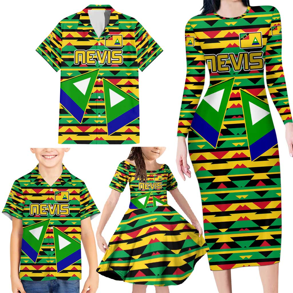 Nevis in Saint Kitts and Nevis Family Matching Long Sleeve Bodycon Dress and Hawaiian Shirt Geometric Pattern and Coat of Arms - Wonder Print Shop