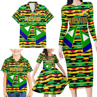 Nevis in Saint Kitts and Nevis Family Matching Long Sleeve Bodycon Dress and Hawaiian Shirt Geometric Pattern and Coat of Arms - Wonder Print Shop