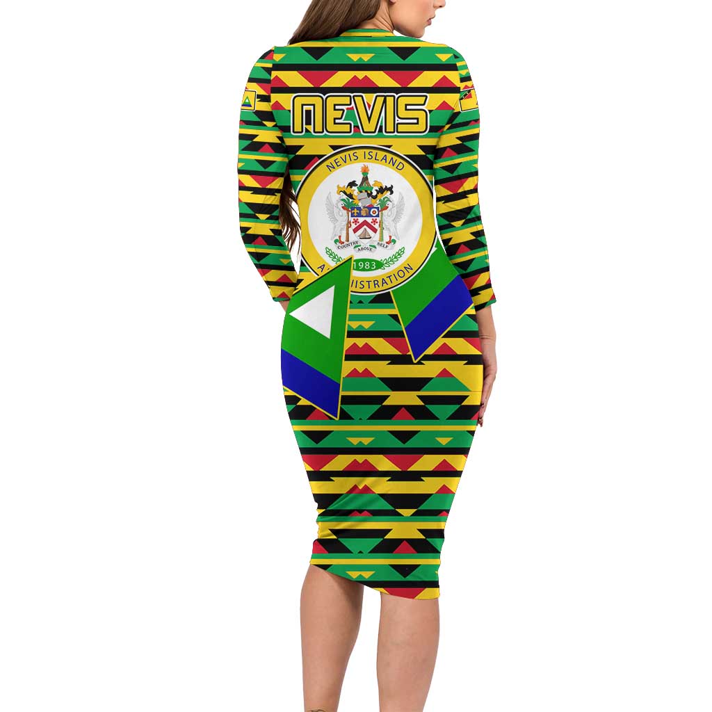 Nevis in Saint Kitts and Nevis Family Matching Long Sleeve Bodycon Dress and Hawaiian Shirt Geometric Pattern and Coat of Arms - Wonder Print Shop