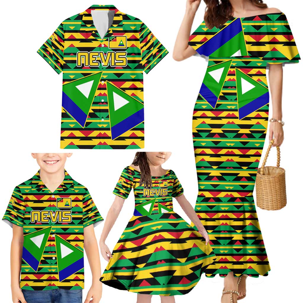 Nevis in Saint Kitts and Nevis Family Matching Mermaid Dress and Hawaiian Shirt Geometric Pattern and Coat of Arms - Wonder Print Shop