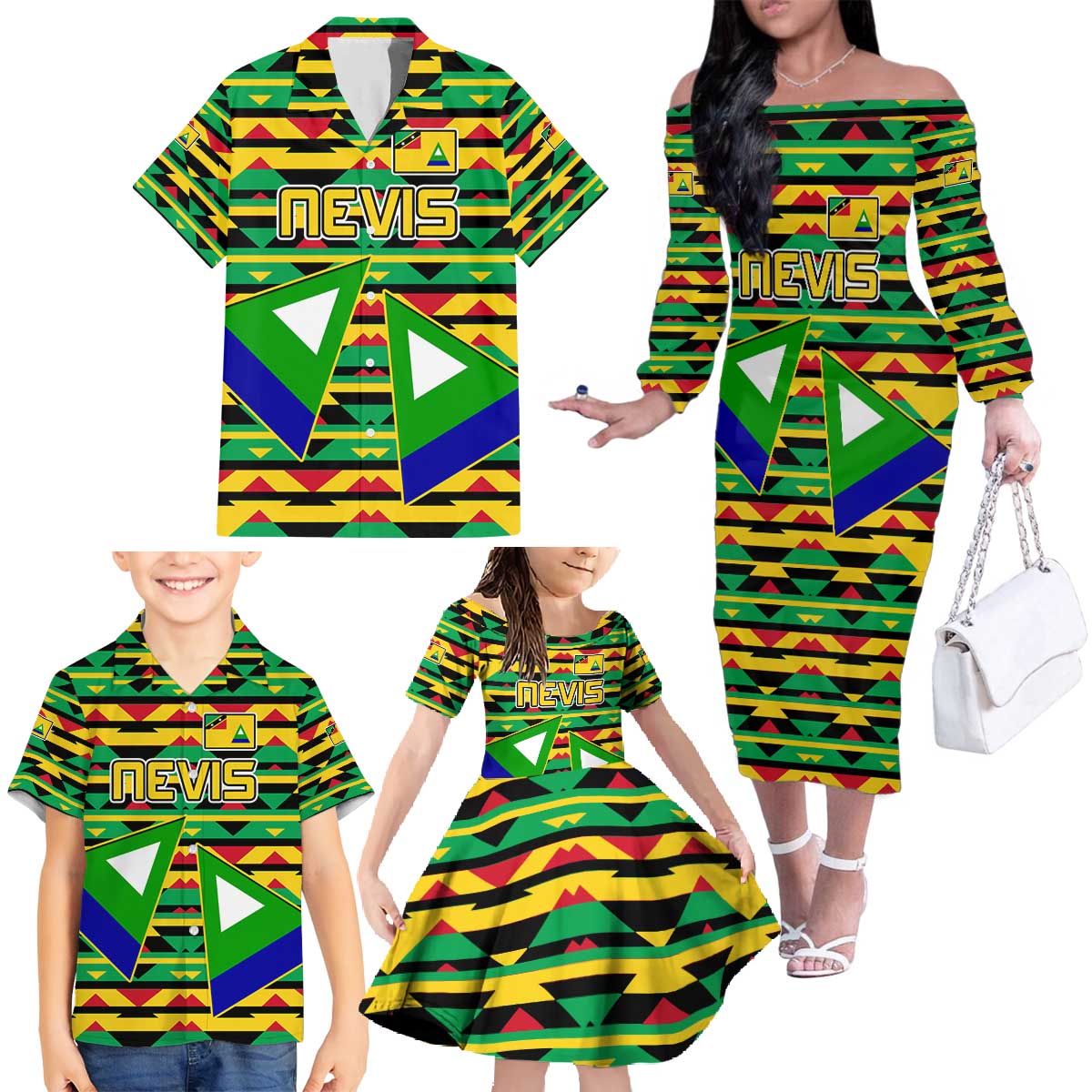 Nevis in Saint Kitts and Nevis Family Matching Off The Shoulder Long Sleeve Dress and Hawaiian Shirt Geometric Pattern and Coat of Arms - Wonder Print Shop