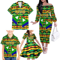 Nevis in Saint Kitts and Nevis Family Matching Off The Shoulder Long Sleeve Dress and Hawaiian Shirt Geometric Pattern and Coat of Arms - Wonder Print Shop
