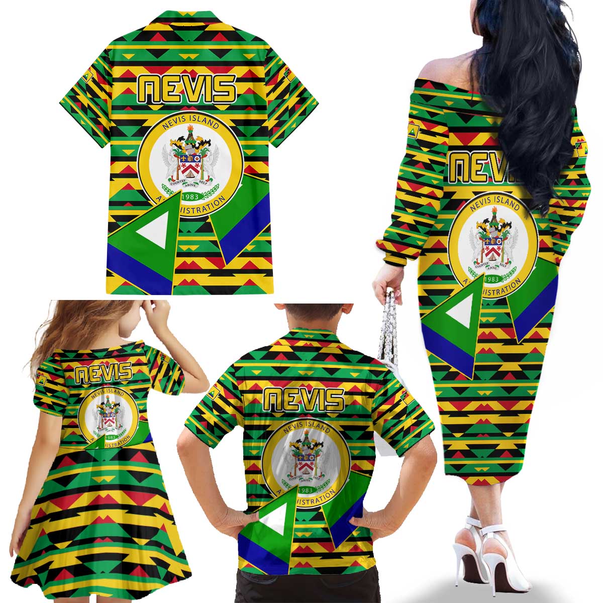 Nevis in Saint Kitts and Nevis Family Matching Off The Shoulder Long Sleeve Dress and Hawaiian Shirt Geometric Pattern and Coat of Arms - Wonder Print Shop