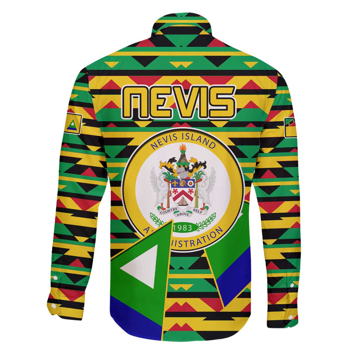 Nevis in Saint Kitts and Nevis Family Matching Off The Shoulder Long Sleeve Dress and Hawaiian Shirt Geometric Pattern and Coat of Arms - Wonder Print Shop