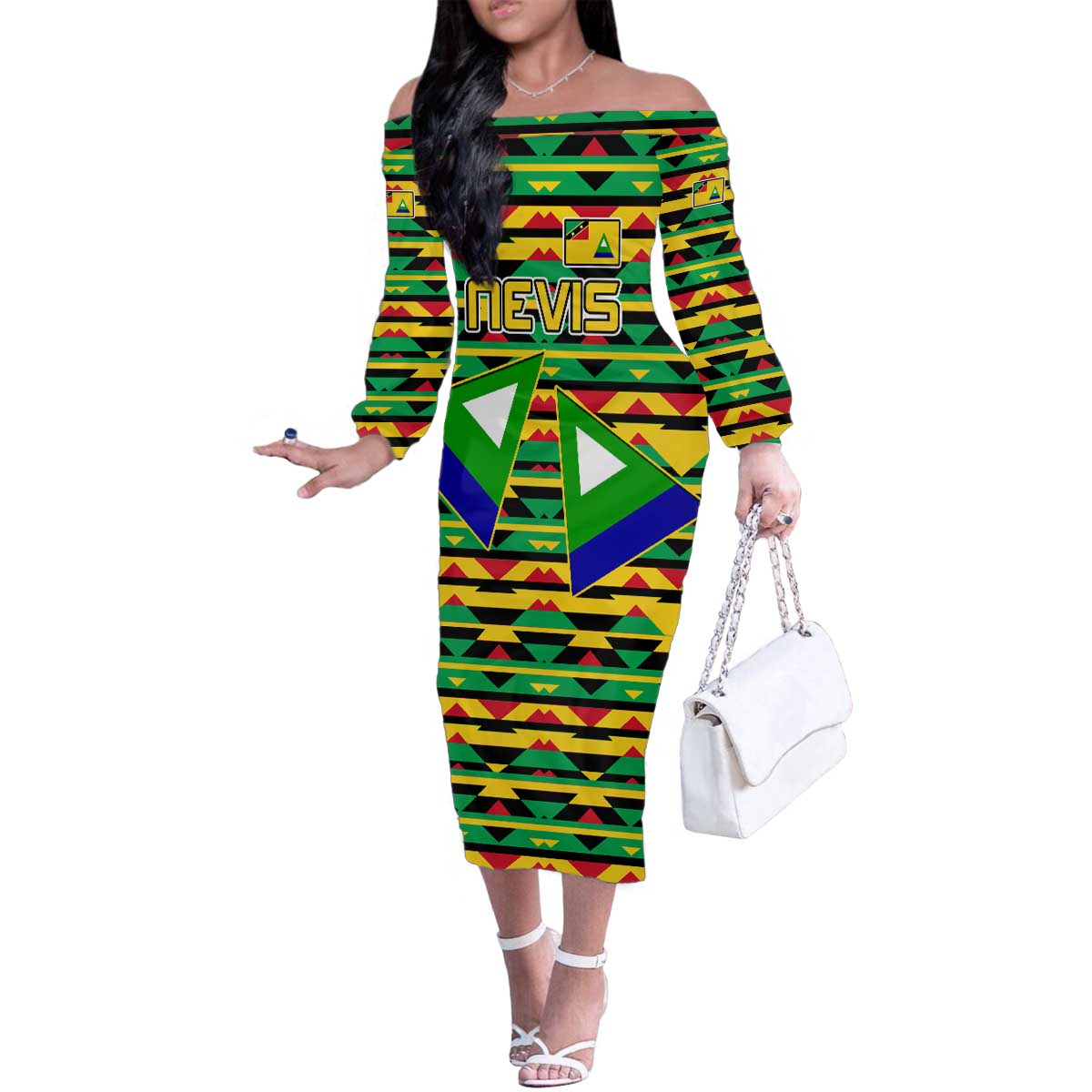 Nevis in Saint Kitts and Nevis Family Matching Off The Shoulder Long Sleeve Dress and Hawaiian Shirt Geometric Pattern and Coat of Arms - Wonder Print Shop