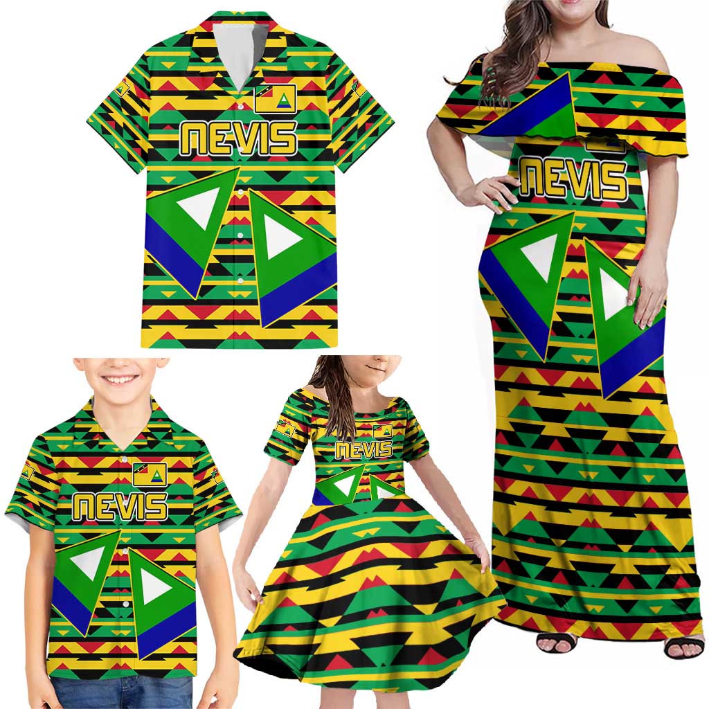 Nevis in Saint Kitts and Nevis Family Matching Off Shoulder Maxi Dress and Hawaiian Shirt Geometric Pattern and Coat of Arms - Wonder Print Shop