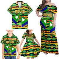 Nevis in Saint Kitts and Nevis Family Matching Off Shoulder Maxi Dress and Hawaiian Shirt Geometric Pattern and Coat of Arms - Wonder Print Shop