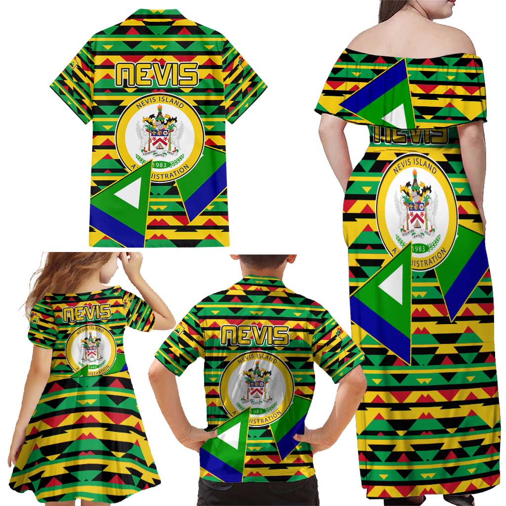 Nevis in Saint Kitts and Nevis Family Matching Off Shoulder Maxi Dress and Hawaiian Shirt Geometric Pattern and Coat of Arms - Wonder Print Shop