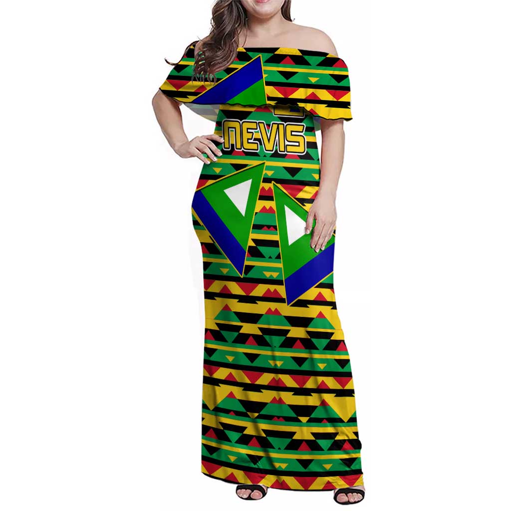 Nevis in Saint Kitts and Nevis Family Matching Off Shoulder Maxi Dress and Hawaiian Shirt Geometric Pattern and Coat of Arms - Wonder Print Shop