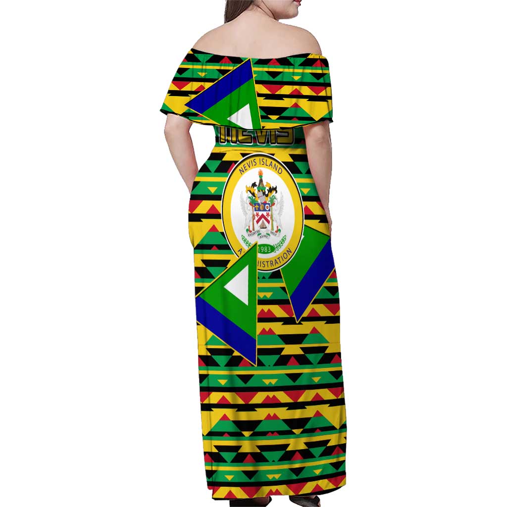 Nevis in Saint Kitts and Nevis Family Matching Off Shoulder Maxi Dress and Hawaiian Shirt Geometric Pattern and Coat of Arms - Wonder Print Shop