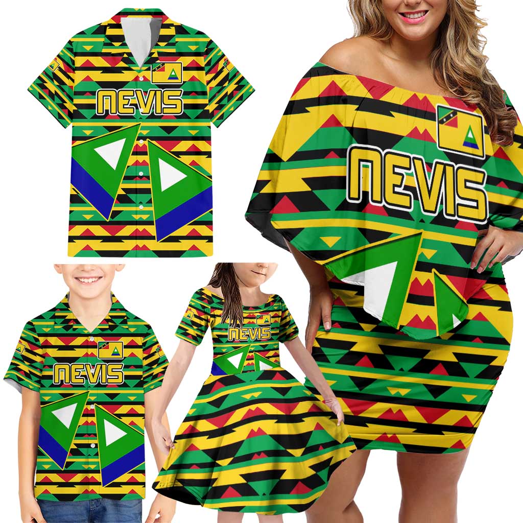 Nevis in Saint Kitts and Nevis Family Matching Off Shoulder Short Dress and Hawaiian Shirt Geometric Pattern and Coat of Arms - Wonder Print Shop