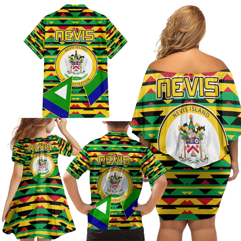 Nevis in Saint Kitts and Nevis Family Matching Off Shoulder Short Dress and Hawaiian Shirt Geometric Pattern and Coat of Arms - Wonder Print Shop