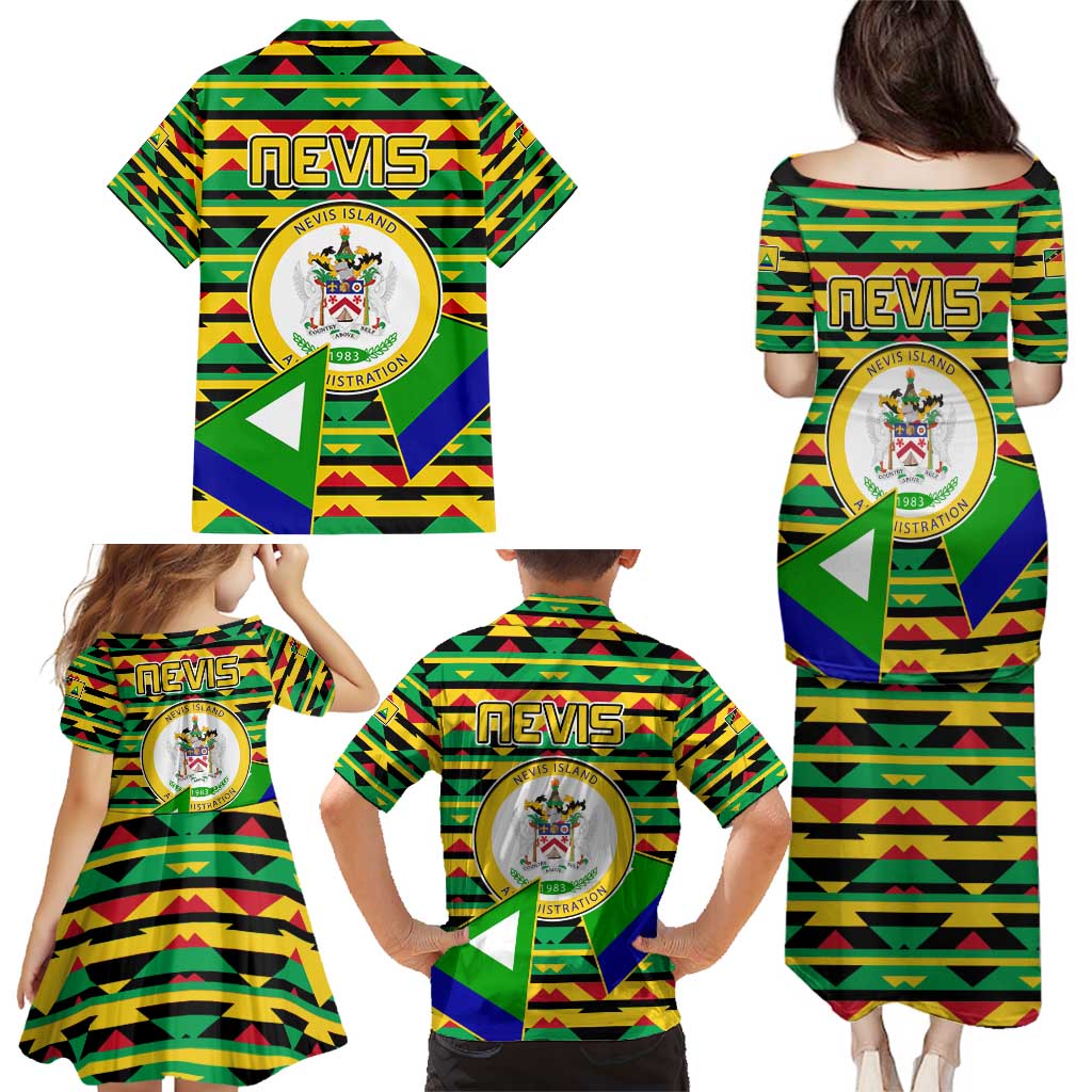 Nevis in Saint Kitts and Nevis Family Matching Puletasi and Hawaiian Shirt Geometric Pattern and Coat of Arms - Wonder Print Shop