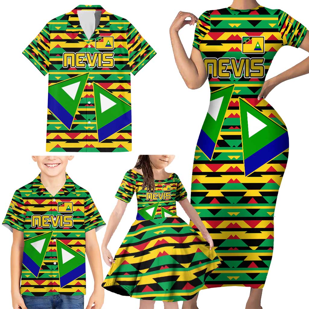 Nevis in Saint Kitts and Nevis Family Matching Short Sleeve Bodycon Dress and Hawaiian Shirt Geometric Pattern and Coat of Arms - Wonder Print Shop