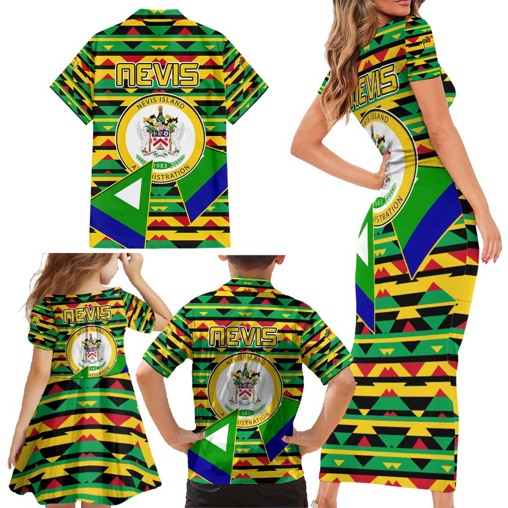 Nevis in Saint Kitts and Nevis Family Matching Short Sleeve Bodycon Dress and Hawaiian Shirt Geometric Pattern and Coat of Arms - Wonder Print Shop