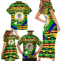 Nevis in Saint Kitts and Nevis Family Matching Short Sleeve Bodycon Dress and Hawaiian Shirt Geometric Pattern and Coat of Arms - Wonder Print Shop