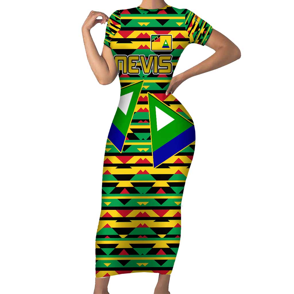 Nevis in Saint Kitts and Nevis Family Matching Short Sleeve Bodycon Dress and Hawaiian Shirt Geometric Pattern and Coat of Arms - Wonder Print Shop