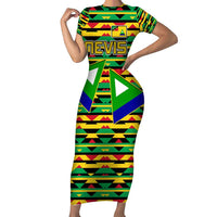 Nevis in Saint Kitts and Nevis Family Matching Short Sleeve Bodycon Dress and Hawaiian Shirt Geometric Pattern and Coat of Arms - Wonder Print Shop